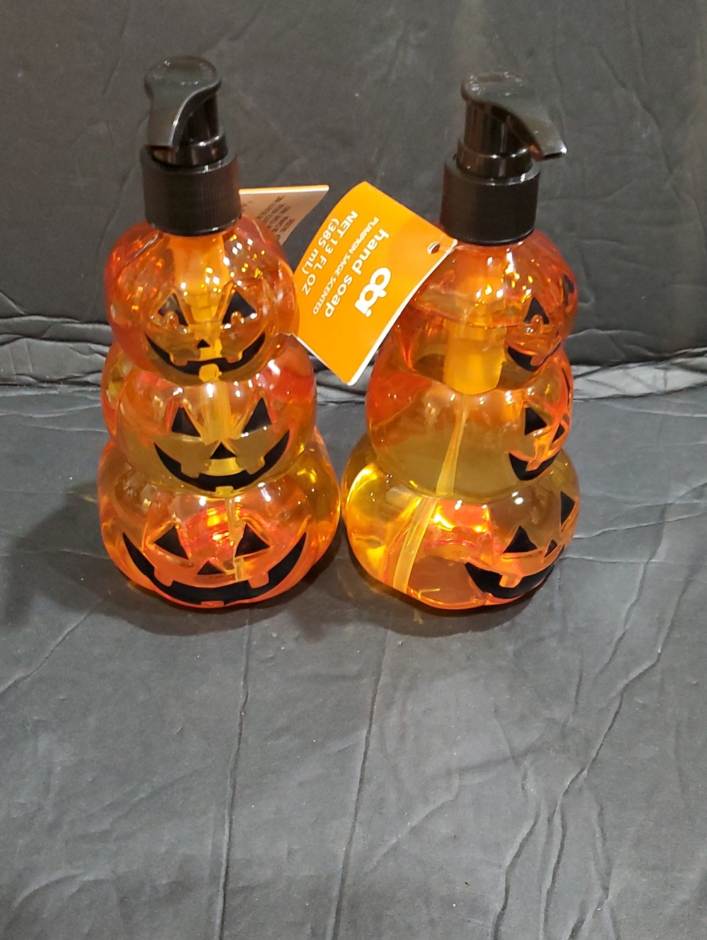 2pack stacked Halloween jack o' lantern shaped pumpkin sage scented hand soaps